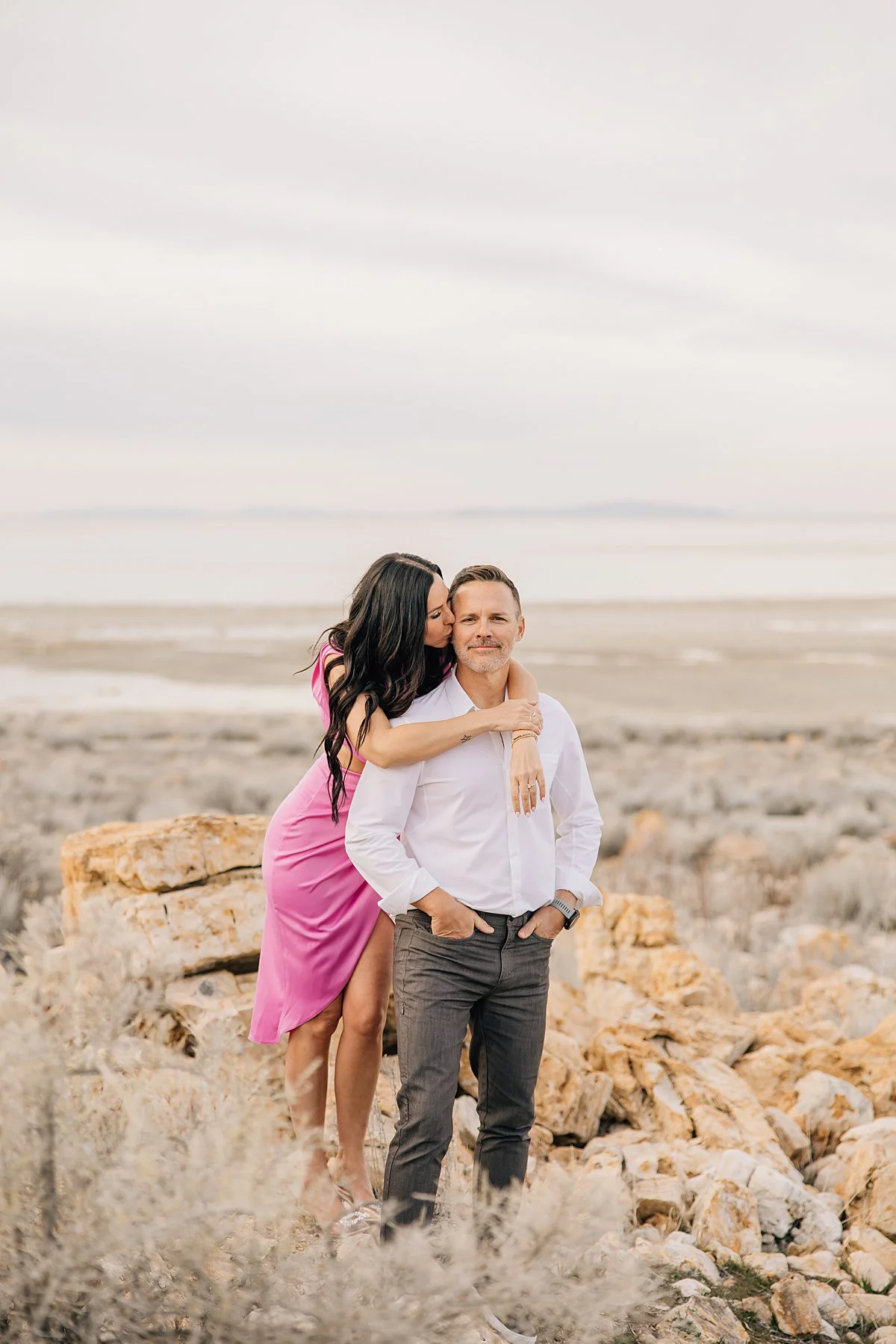woman hugging man at Antelope Island