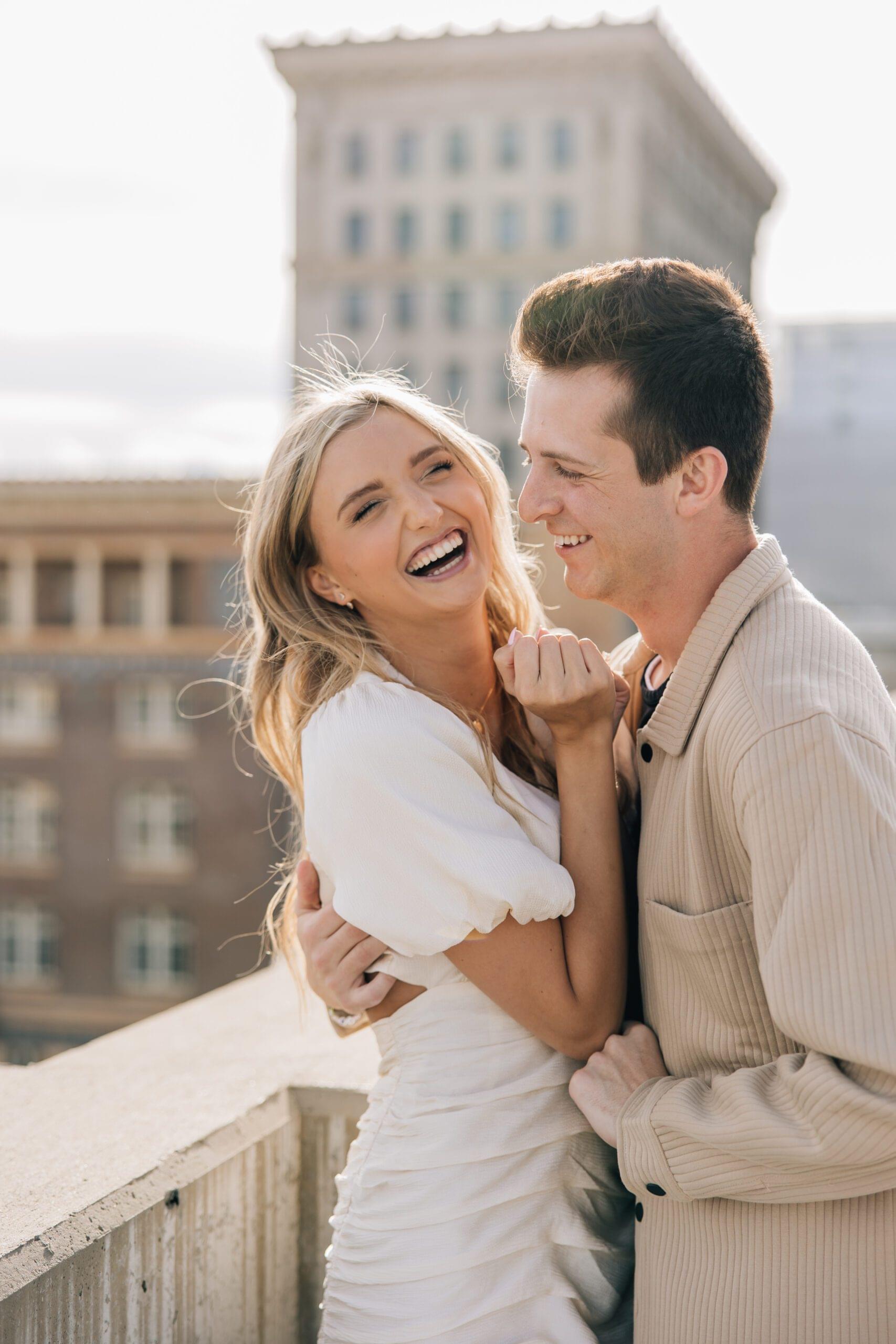 bride and groom on parking garage